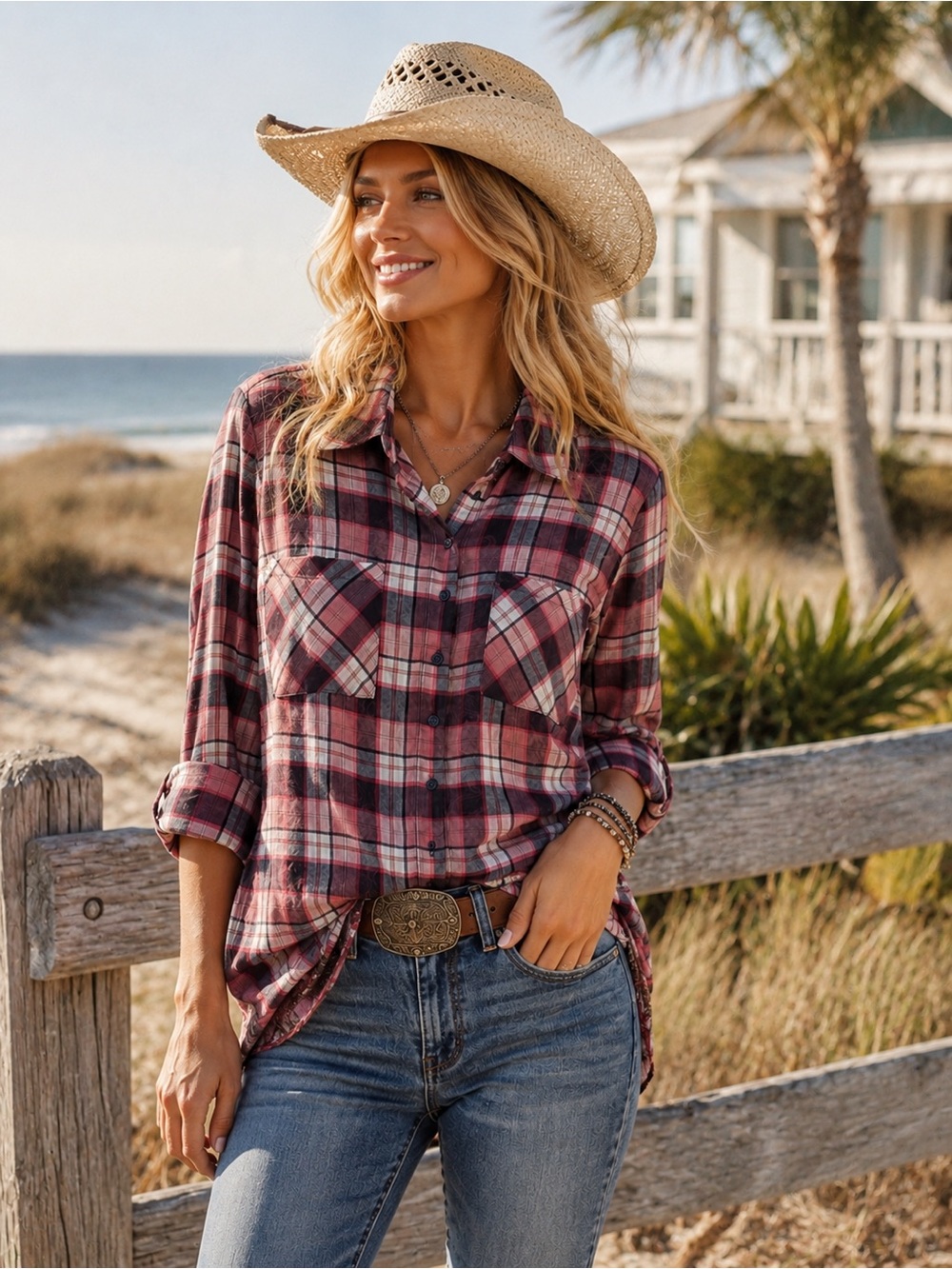 Plaid Button-Front Shirt - Red Semi Sheer Plaid Women Top